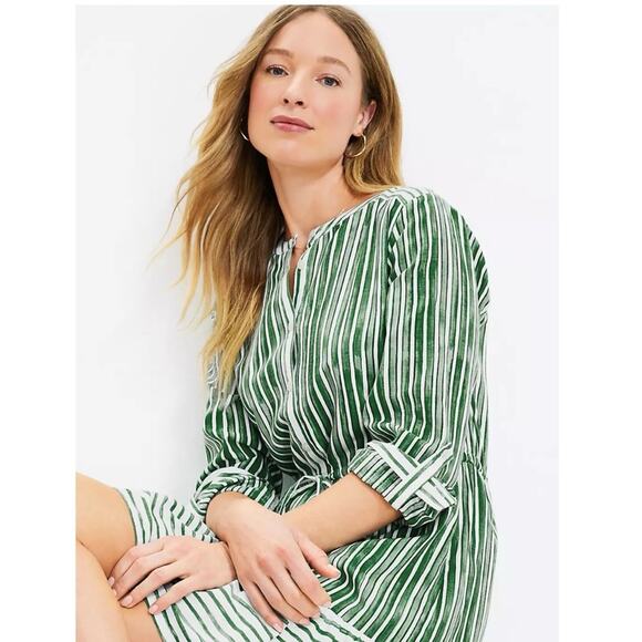 LOFT Striped Tab Sleeve Button Flounce Dress - Picture 3 of 11